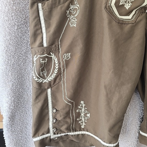 Landhaus Lederhosen German Swim Trunks Brown Size L Paisley Design Button Accent - Picture 4 of 16